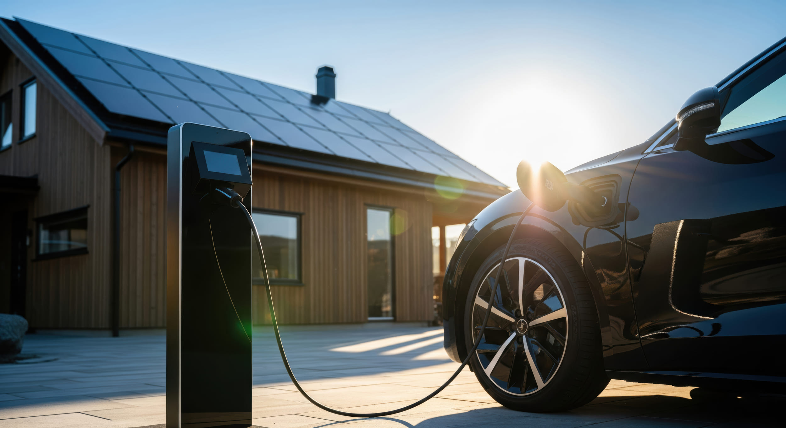 E-Mobilität mit Natur Energietechnik – Ladeinfrastruktur für Zuhause und Gewerbe Elektroauto an moderner Ladestation vor Haus mit Photovoltaikanlage – E-Mobilitätslösung von Natur Energietechnik