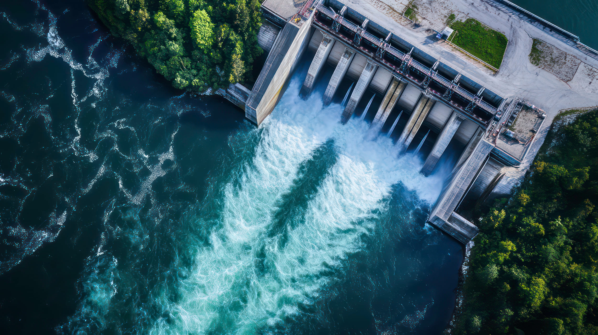 Wasserkraftanlage zur Energiegewinnung – nachhaltige Technologie von Natur Energietechnik Luftaufnahme eines Wasserkraftwerks mit Turbinen und Staudamm – saubere Energie durch Wasserkrafttechnik von Natur Energietechnik